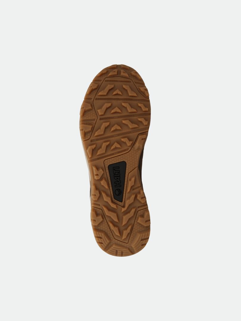 A brown rubber sole with patterned tread for hiking, made for Halti Hakon Mid 2 DX Outdoor Shoe Mens.