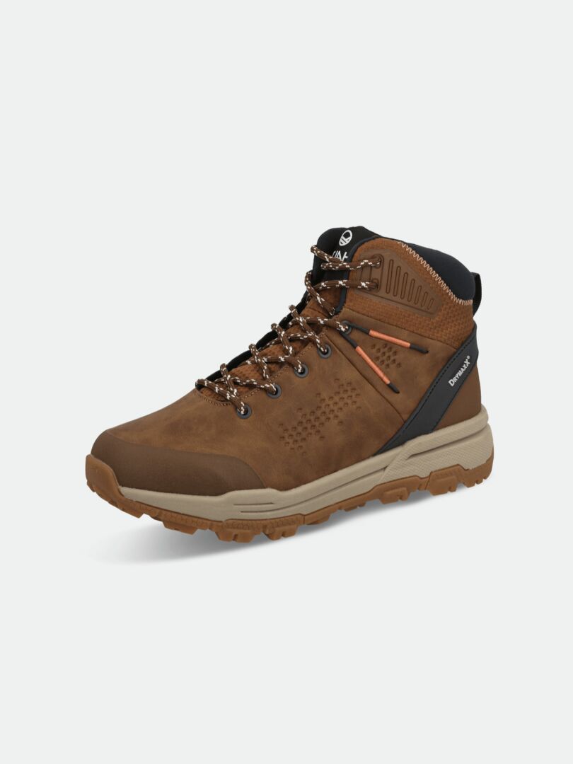 Halti Hakon Mid 2 DX mens brown outdoor hiking shoe with black accents, tan sole, and metal eyelets on light background.