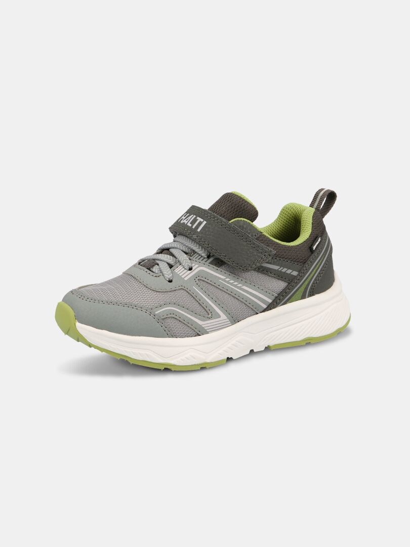 The Halti Zuma 2 DX Sneaker Children's is a gray/green kids' waterproof shoe with velcro and phylon midsole.