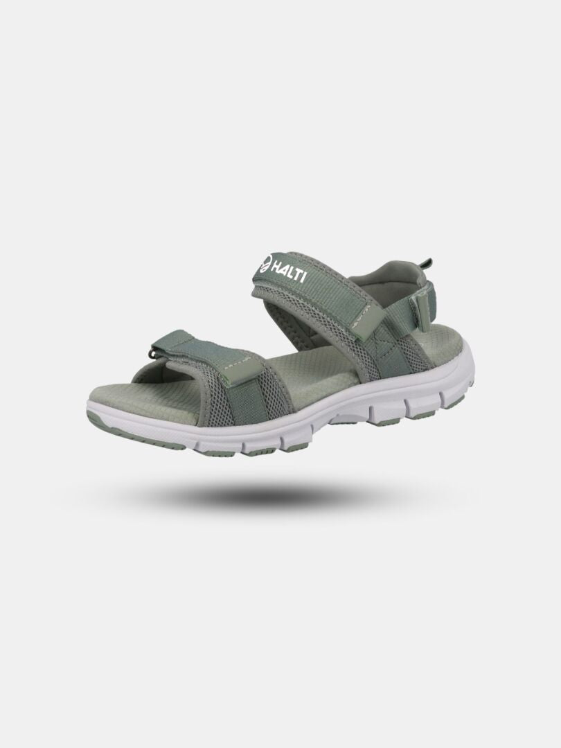 A single Halti Resa 2 Sandal Womens in green/gray with Velcro, white sole, and mesh accents on a plain background.
