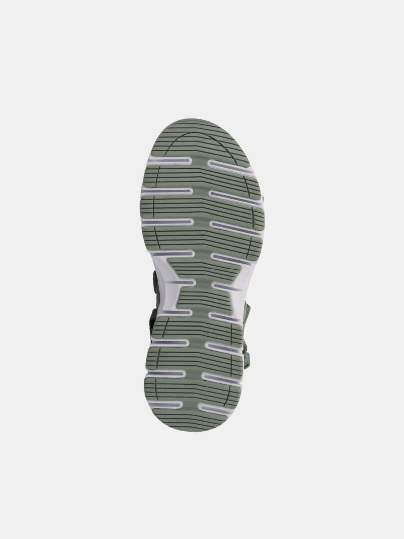Top view of Halti Resa 2 Sandal Womens green sole with white/black grooves and a cushioned footbed.