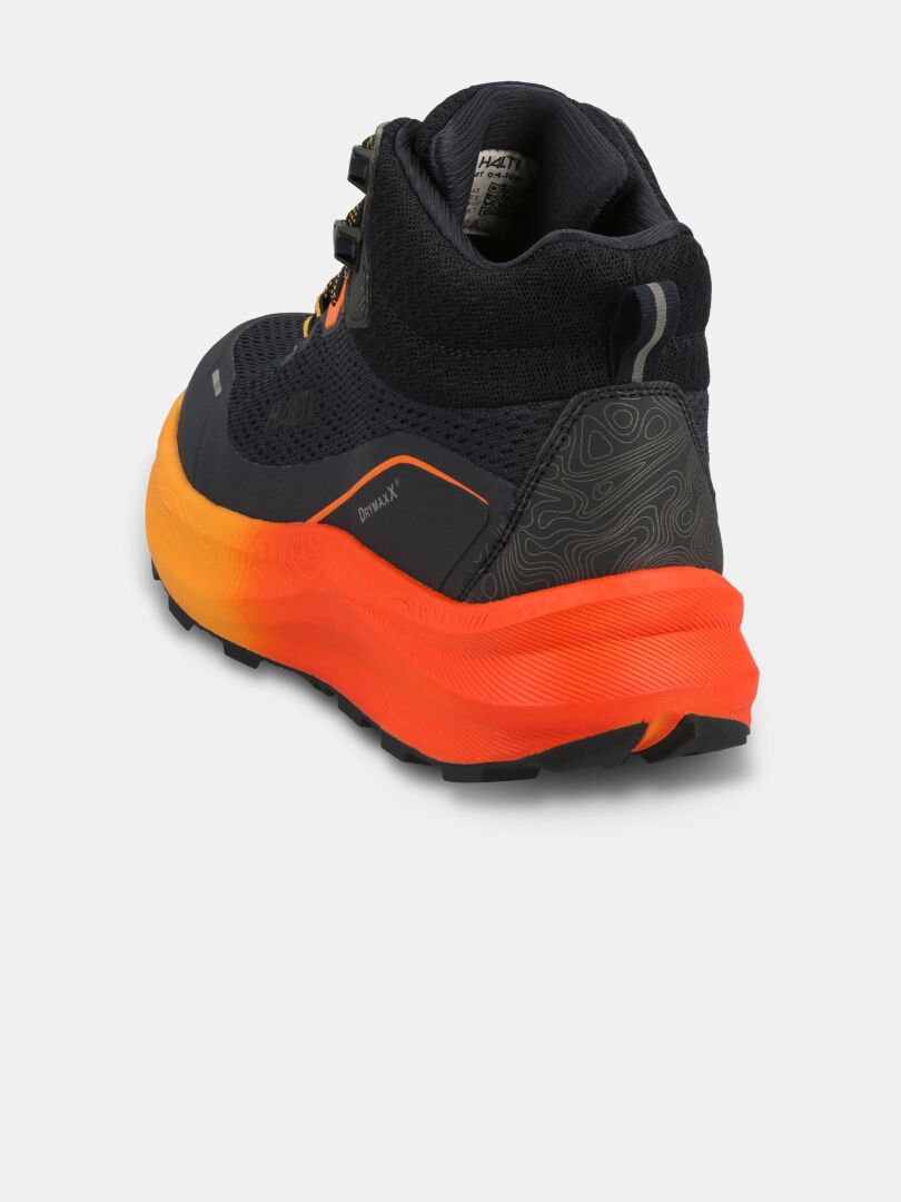 The Halti Rapid DX Mid Outdoor Shoe Men's in black and orange is shown from the back angle on a white background.