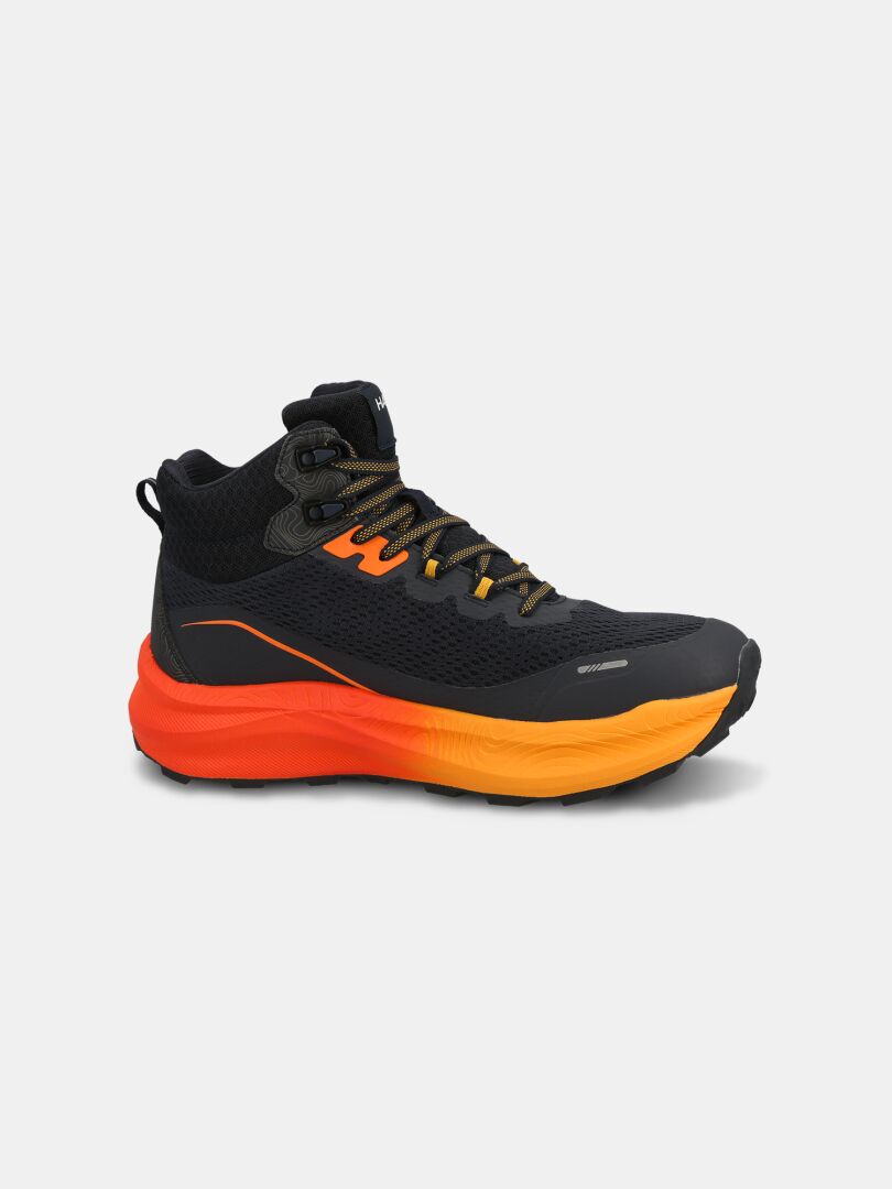 Halti Rapid DX Mid Men's: Black waterproof outdoor shoe, orange-yellow gradient sole, black laces, high ankle design.