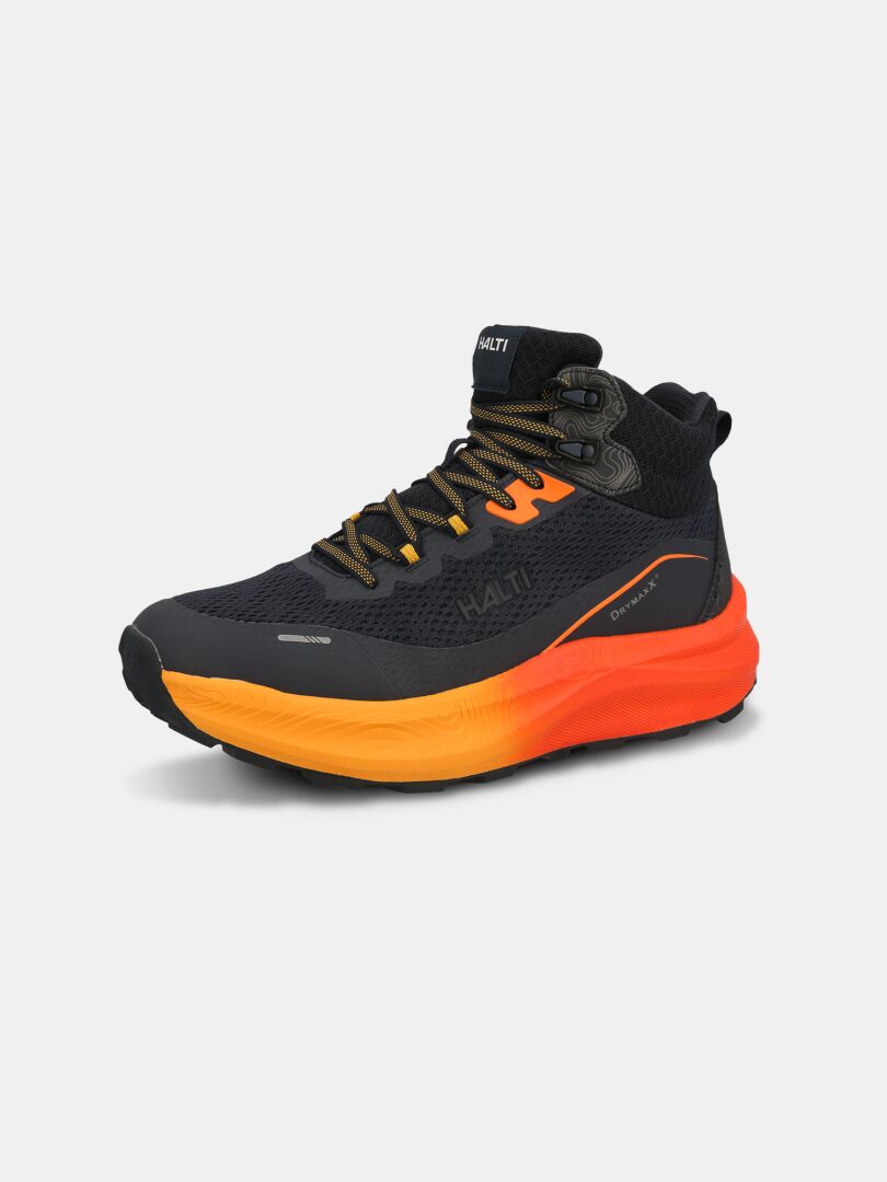 Halti Rapid DX Mid Men's: black/orange high-top outdoor shoe with thick sole, lightweight design, side view.