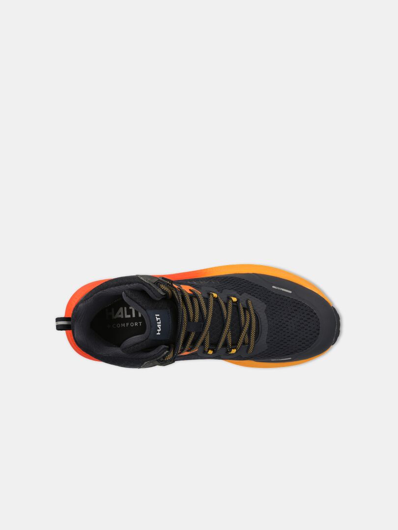 Top view of Halti Rapid DX Mid Outdoor Shoe Men's with orange sole, yellow-brown laces, on a white background.