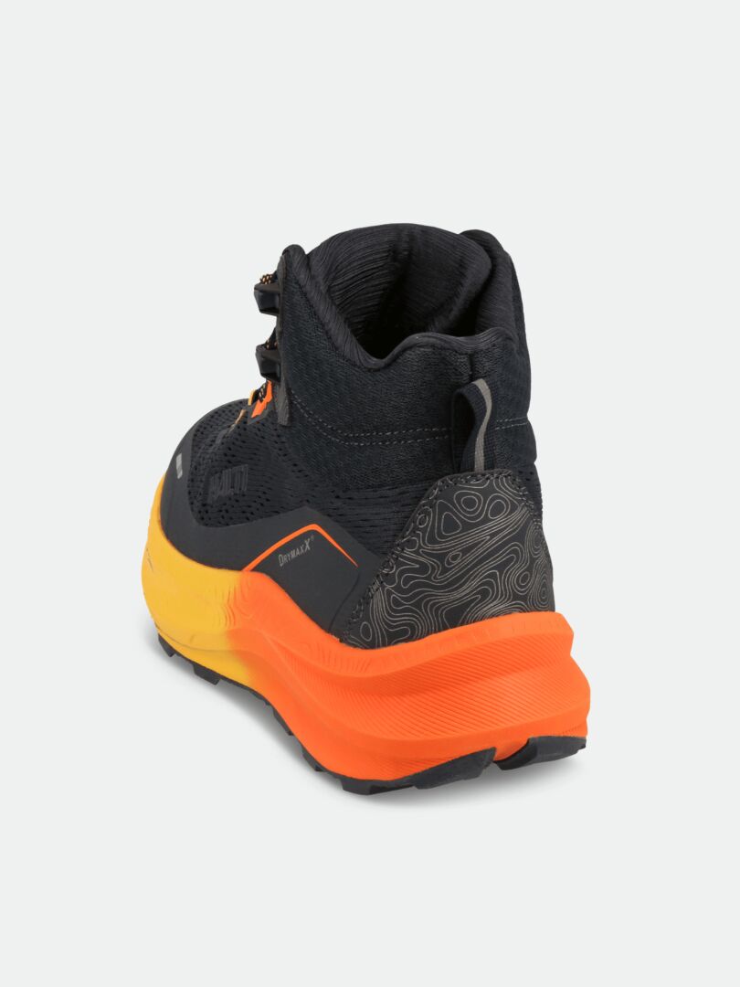 The Halti Rapid DX Mid Mens outdoor shoe in black and orange, shown from the back on a light background.