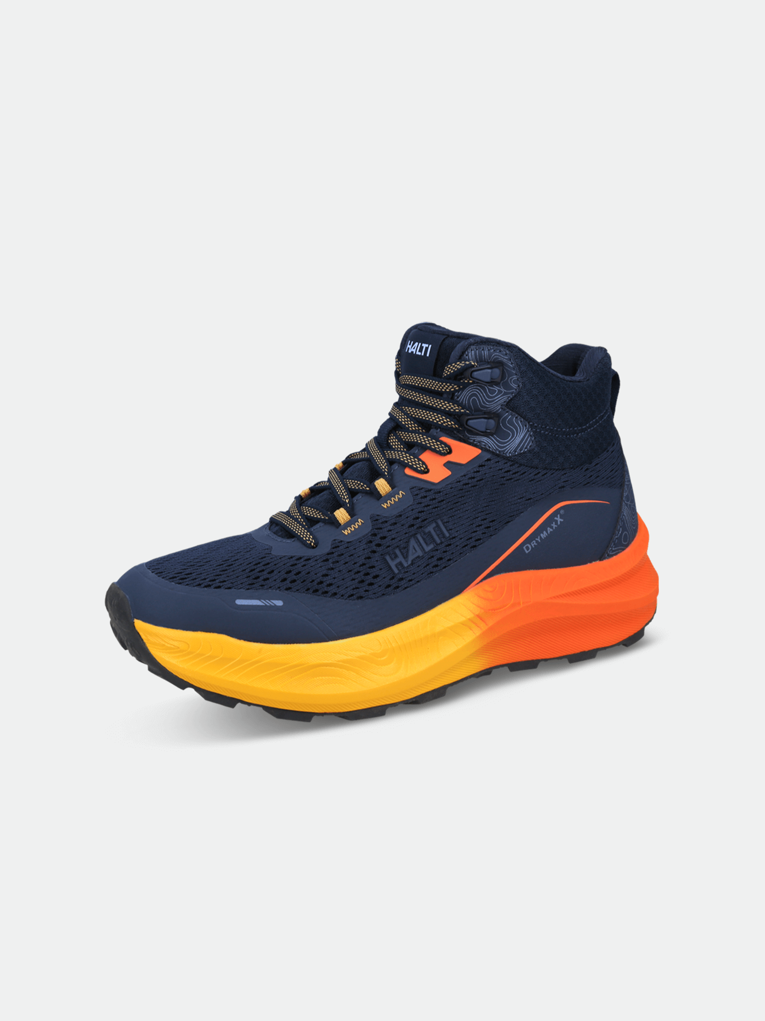 Halti Rapid DX Mid Outdoor Shoe Men's: navy, breathable mesh, gray laces, orange-yellow gradient sole on plain background.