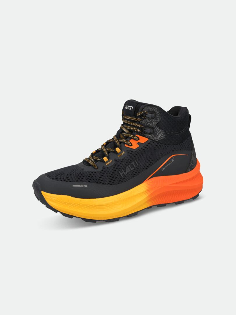 The Halti Rapid DX Mid Outdoor Shoe Mens: black, lightweight, with orange/yellow accents and a breathable mesh upper.