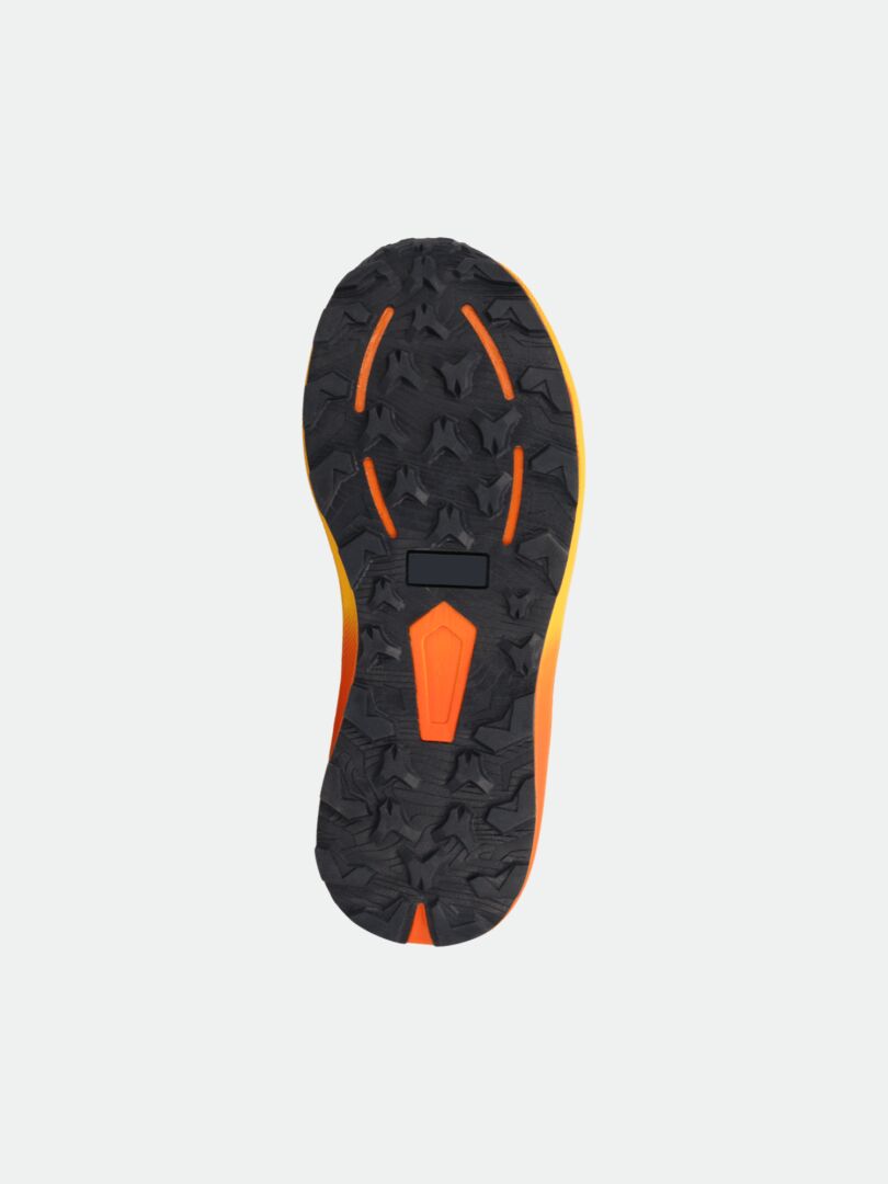 Halti Rapid DX Mid Outdoor Shoe Men’s features a black and orange textured rubber sole, shown from the bottom on white.