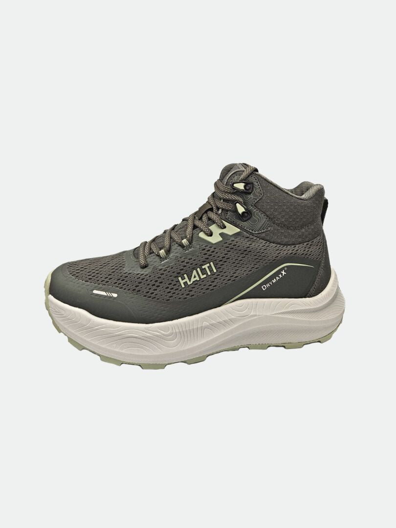 Halti Rapid DX Mid Men's: dark gray/white, lightweight outdoor shoe with mesh upper, side view shown.