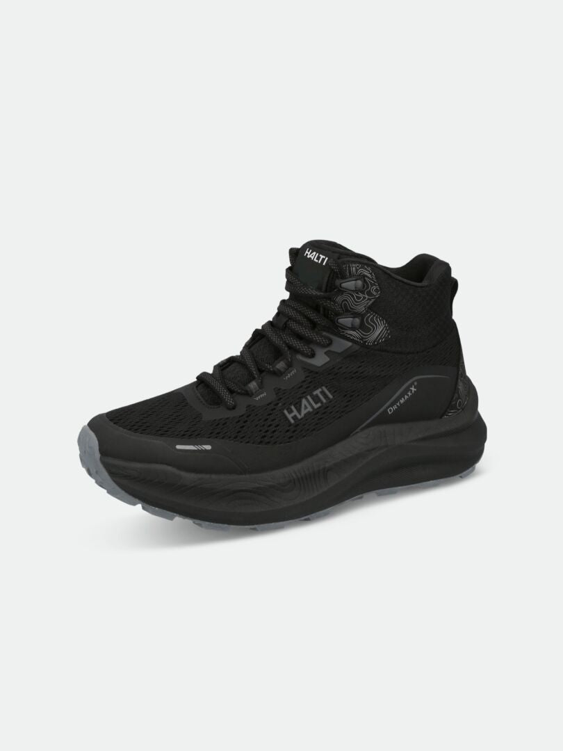 The Halti Rapid DX Mid Outdoor Shoe Mens is black with a mesh upper, thick sole, and Dynaflex for lightweight performance.