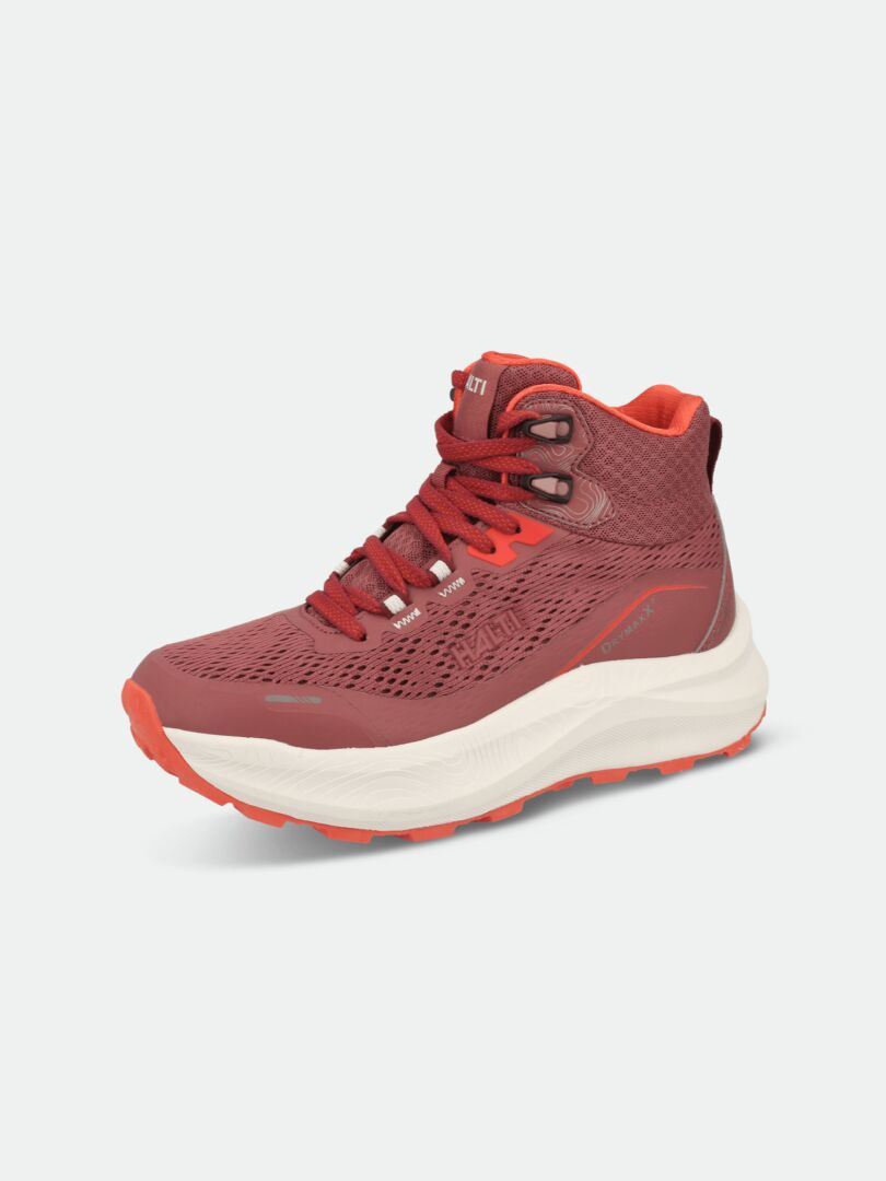 Halti Rapid DX Mid Outdoor Shoe Womens: red high-top with breathable mesh, white sole, and orange lace/collar accents.