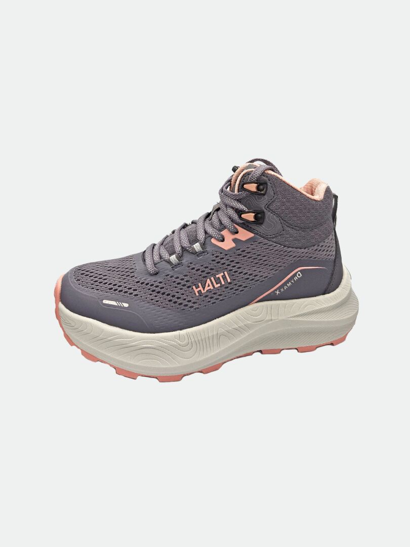 Halti Rapid DX Mid Women’s outdoor shoe, gray/pink mesh upper, thick sole, lace-up closure on white background.