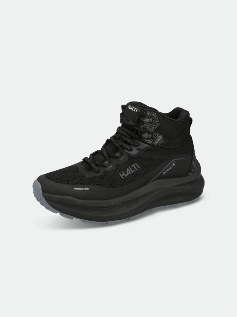 Halti Rapid DX Mid Outdoor Shoe Women's—black with mesh, synthetic overlays, laces, and a thick rubber sole.