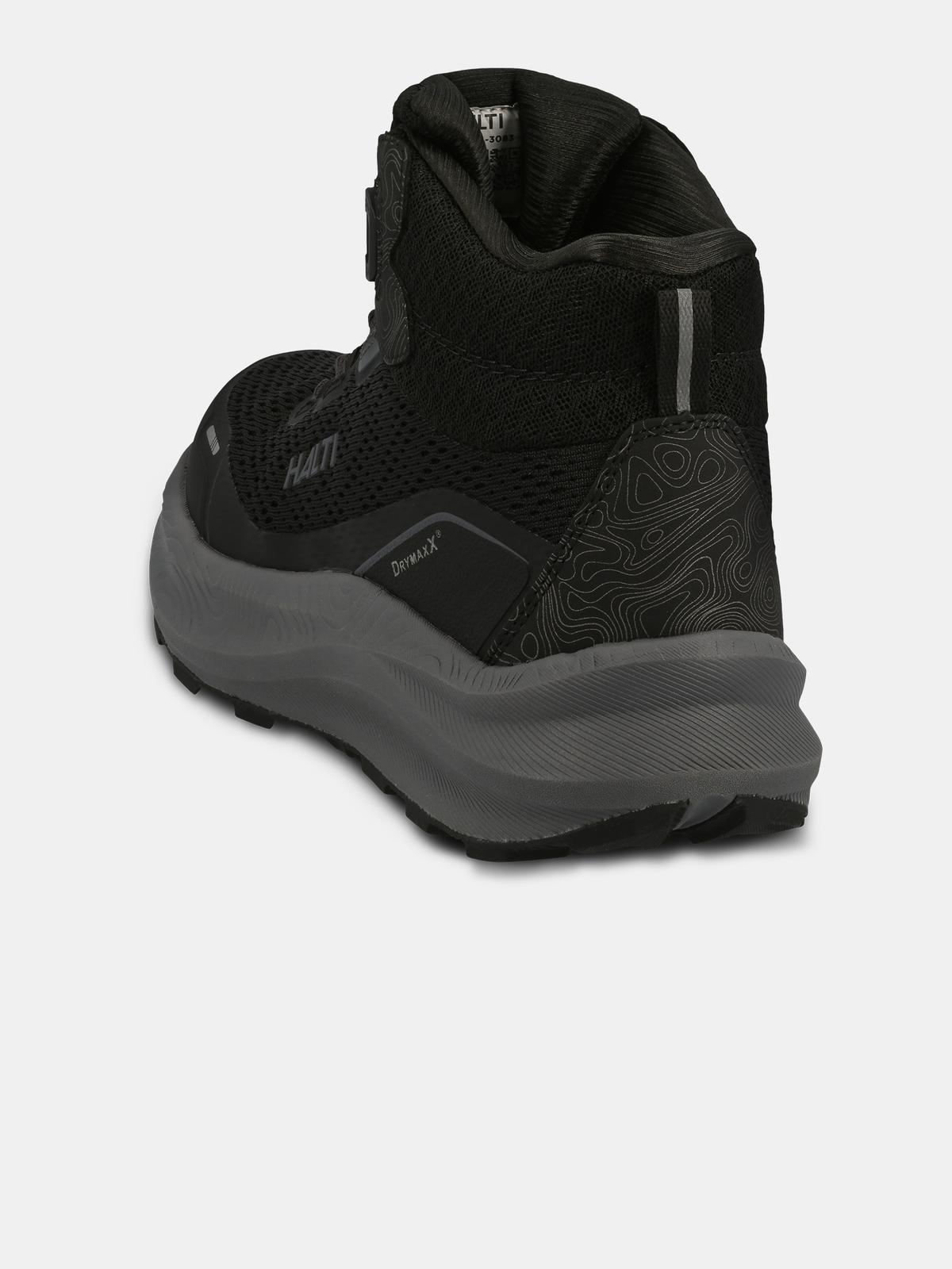 The Halti Rapid Mid Freelock DX Shoe Unisex in black, shown from the back left, has a textured sole and patterned heel.