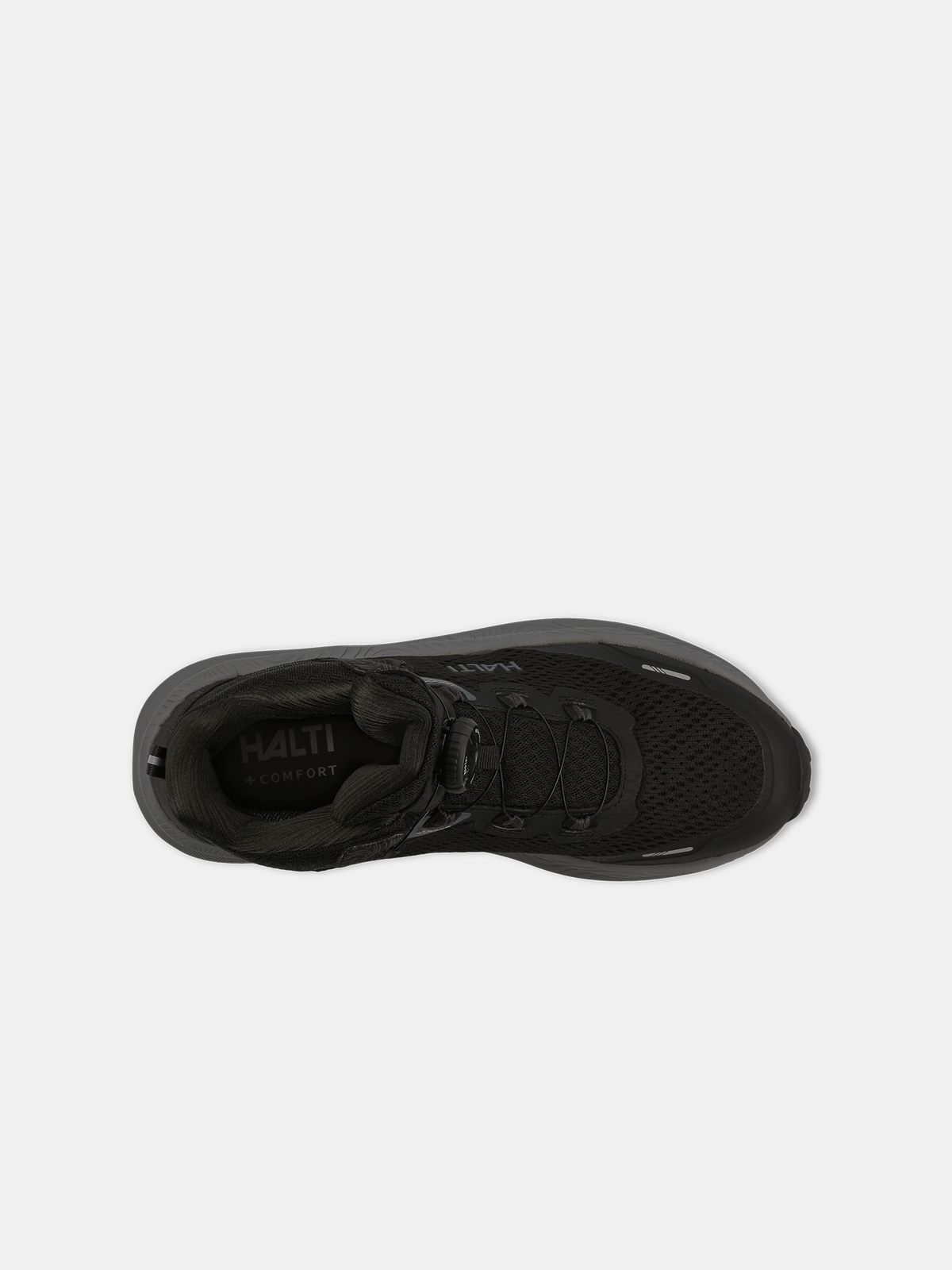 Top view of Halti Rapid Mid Freelock DX Shoe Unisex, a black mesh hiking shoe with lace-up closure and Halti Comfort insole.