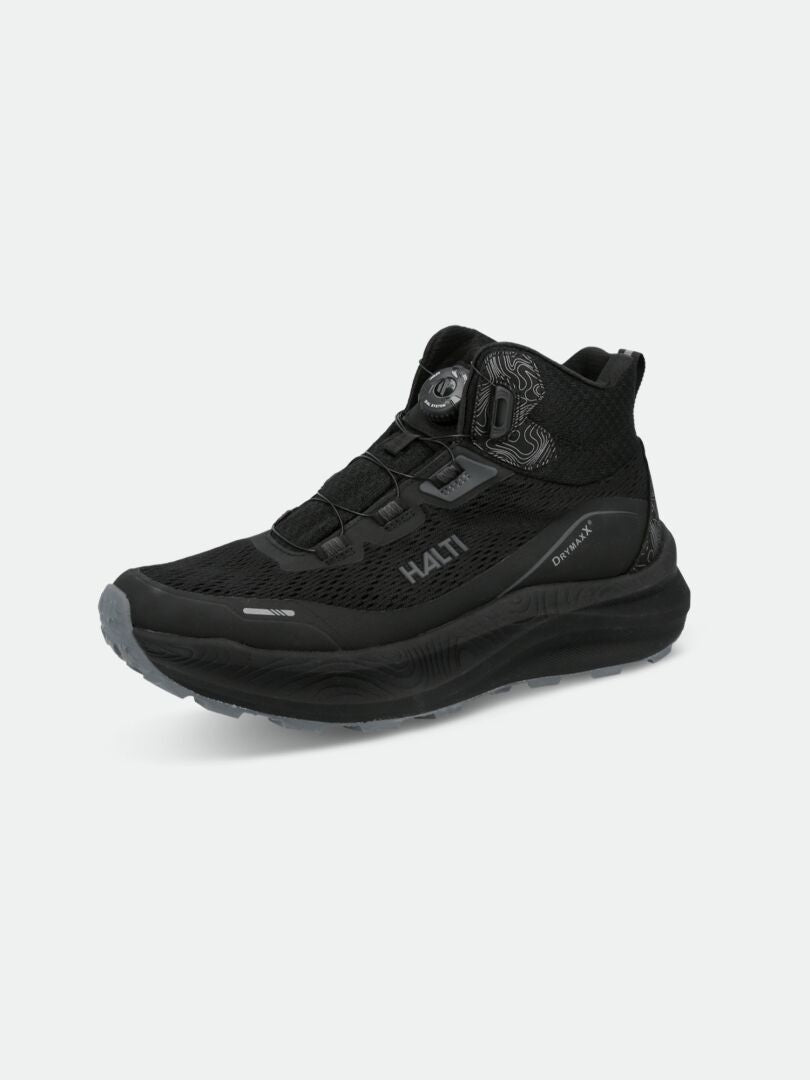 Halti Rapid Mid Freelock DX unisex black high-top sneaker with mesh upper and thick sole, on a plain background.