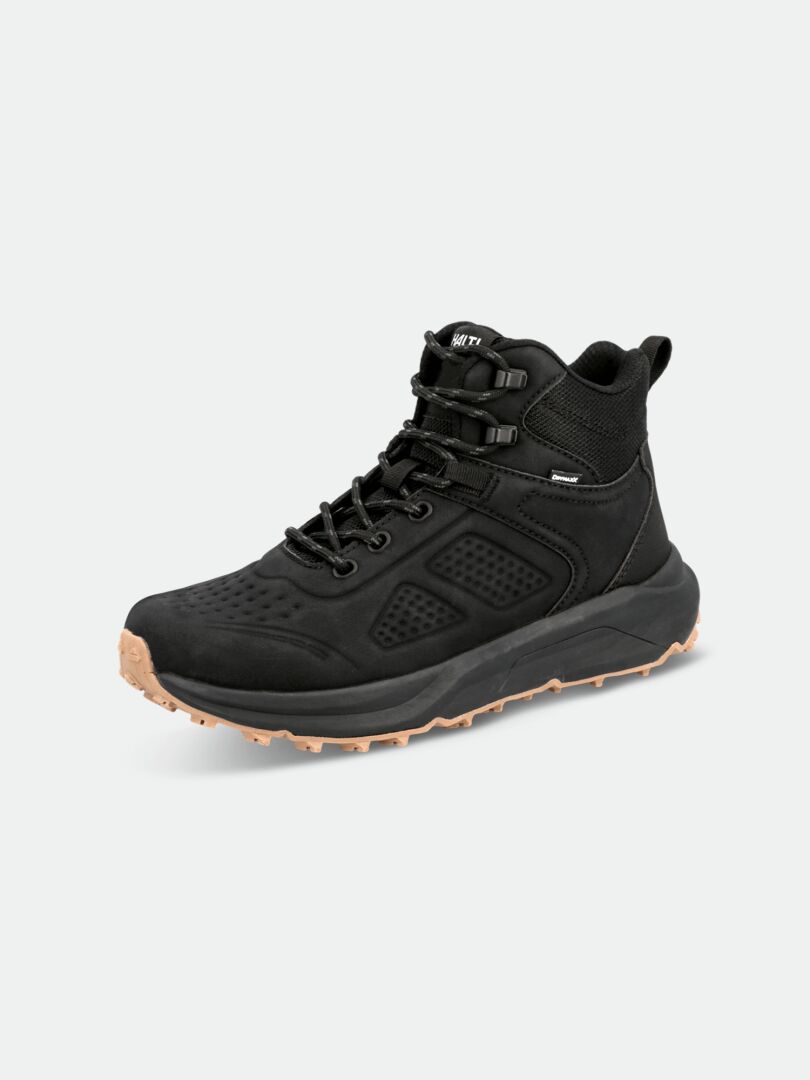 Halti Morgam Mid DX Women’s: black vegan leather hiking boot with tan sole, black laces, and metal eyelets.