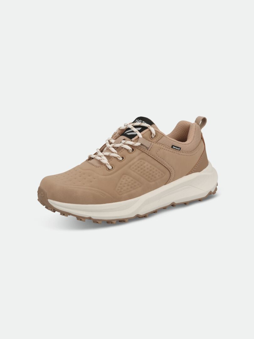 Halti Morgam DX Low Shoe Womens—tan, white sole, outdoor tread, mesh details, and white laces on plain background.