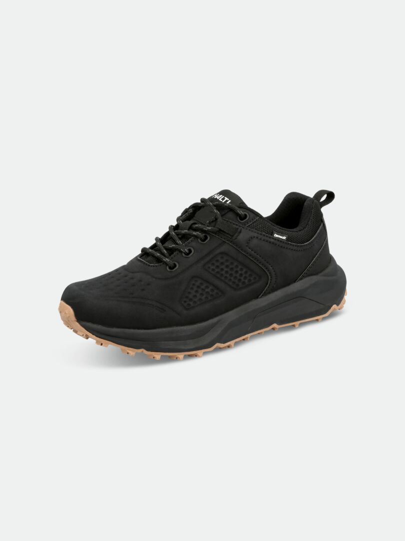 The Halti Morgam DX Low Shoe Womens is a black waterproof walking shoe with mesh panels and a tan sole.