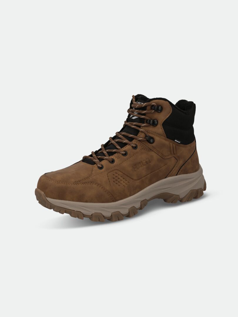 Halti Kevo 2 DX Winterboot Men's: brown lace-up boots with black collar, rugged sole, and synthetic leather finish.