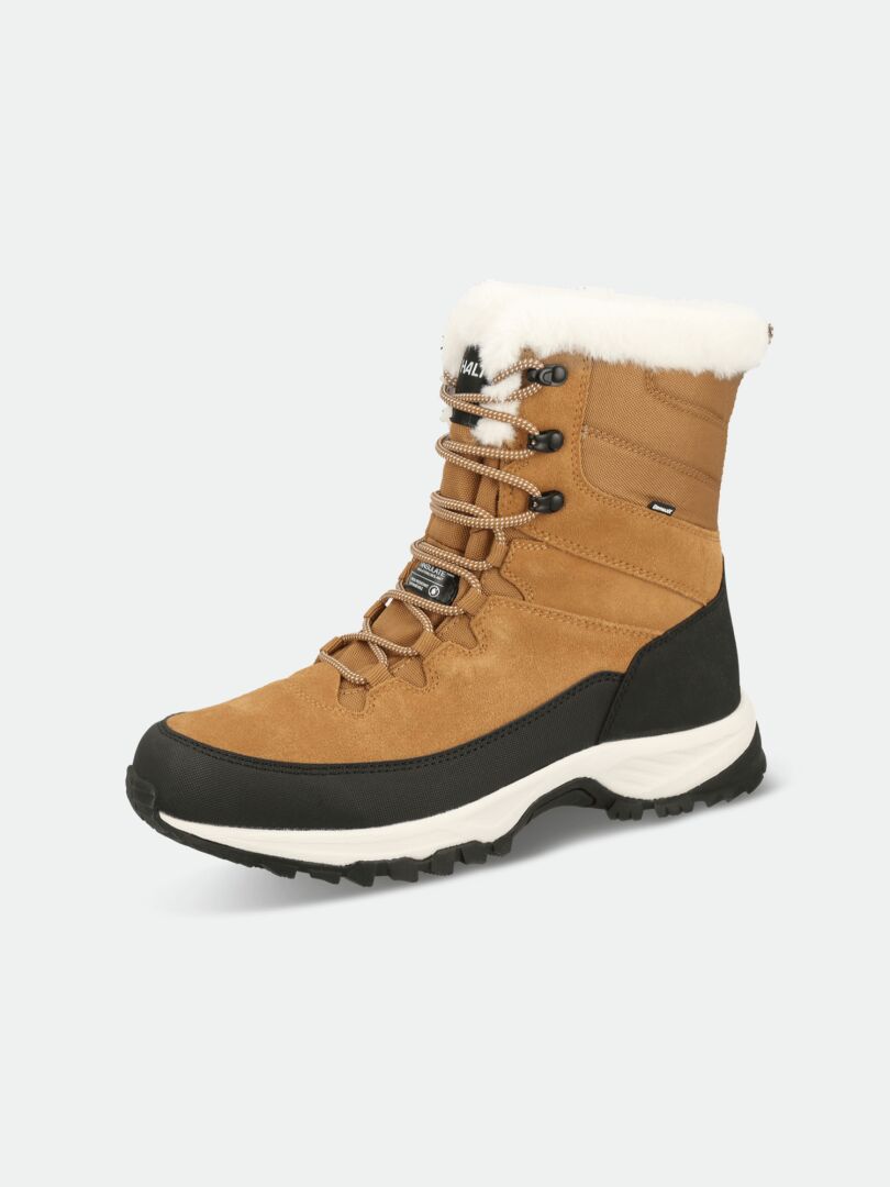 The Halti Tornio 2 DX tan waterproof winter boot with GripmaxX Arctic sole and faux fur lining on a light gray background.