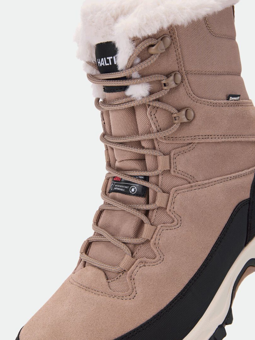 Halti Tornio 2 DX Winterboot in taupe with faux fur trim, lace-up front, black mudguard, and GripmaxX Arctic outsole.