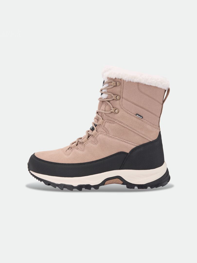 Beige Halti Tornio 2 DX Winterboot with white faux-fur trim, black mudguard, and a GripmaxX Arctic outsole.