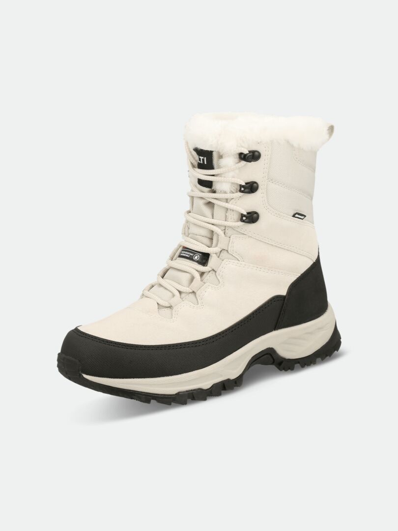 Halti Tornio 2 DX Winterboot: light beige, waterproof, GripmaxX Arctic sole, lace-up, white faux fur collar.