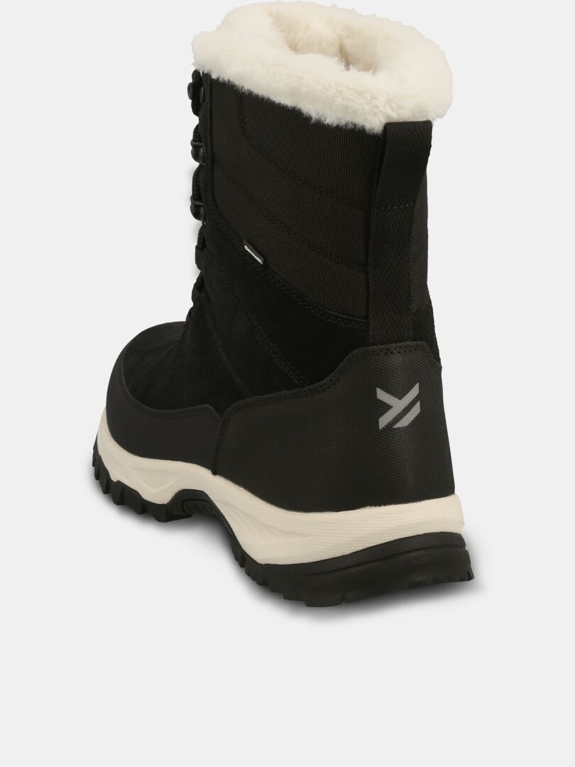 Halti Tornio 2 DX Winterboot: black insulated leather, white faux fur lining, rugged sole, reflective logo, rear view.