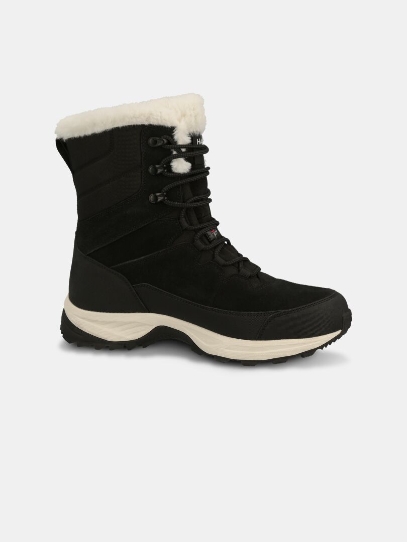Black waterproof Halti Tornio 2 DX Winter Boots with a cream faux fur collar, black laces, and a GripmaxX Arctic outsole.