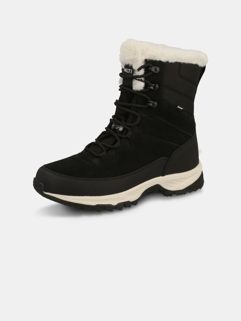 Halti Tornio 2 DX winter boots: black lace-up style with a cream GripmaxX Arctic outsole and a faux-fur cuff.