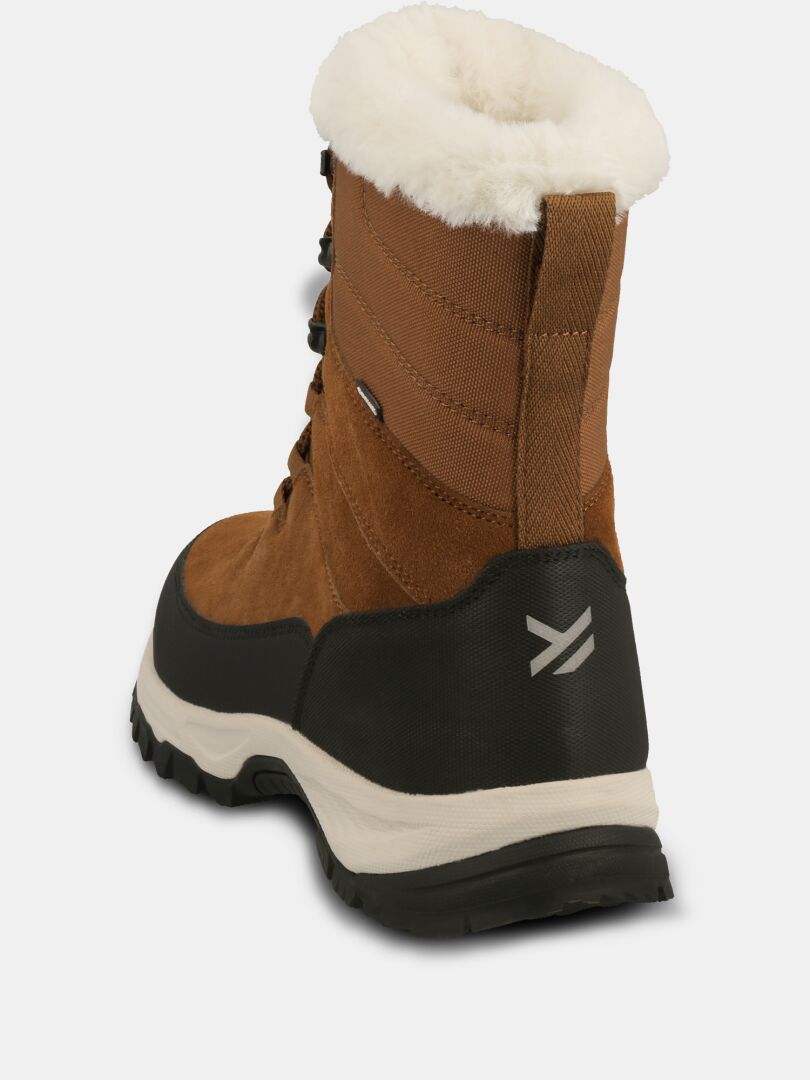 Halti Tornio 2 DX Winterboot: brown leather, white faux fur lining, black sole, heel logo, Thinsulate, back view.