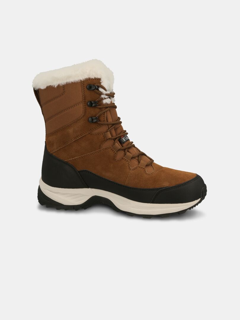 The Halti Tornio 2 DX Winterboot features brown leather, white faux fur lining, black sole, and lace-up front.