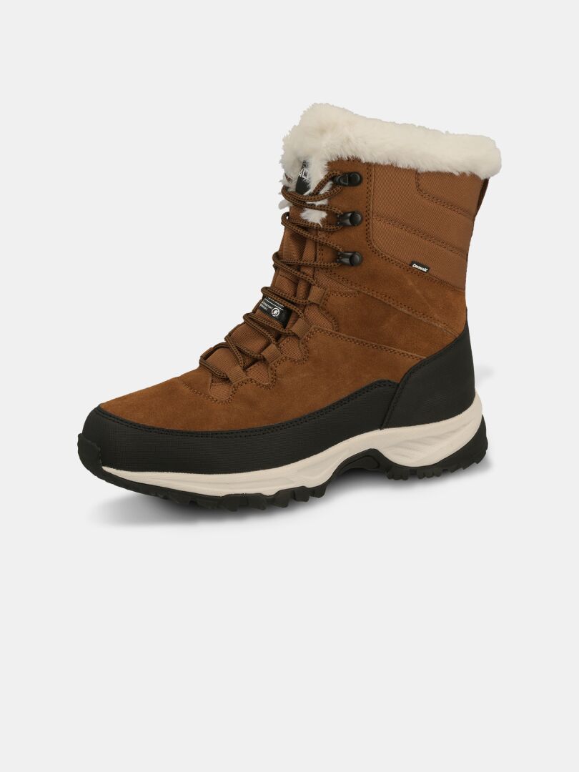 Halti Tornio 2 DX Winterboot: brown insulated leather, black sole, white faux fur, laces, metal eyelets.