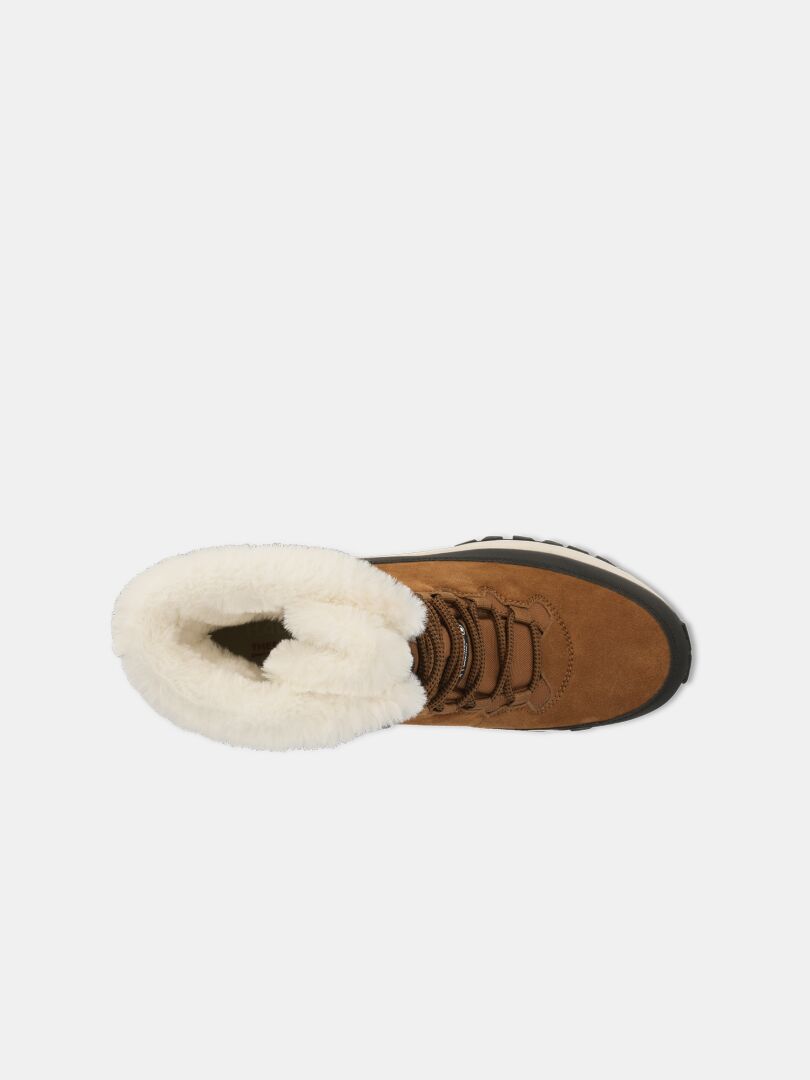 Top-down view of a brown Halti Tornio 2 DX Winter Boot with a faux-fur lined collar and GripmaxX Arctic outsole.