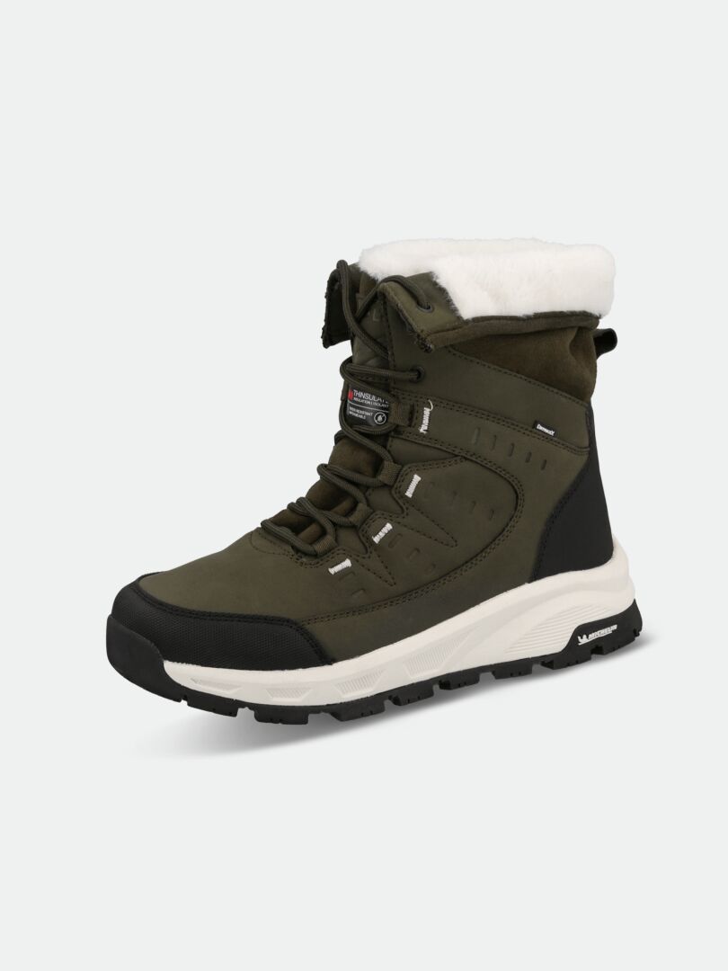 Halti Fjalla 2 DX Ice Control Women's olive green winter boot with Thinsulate, faux fur lining, and rubber sole.
