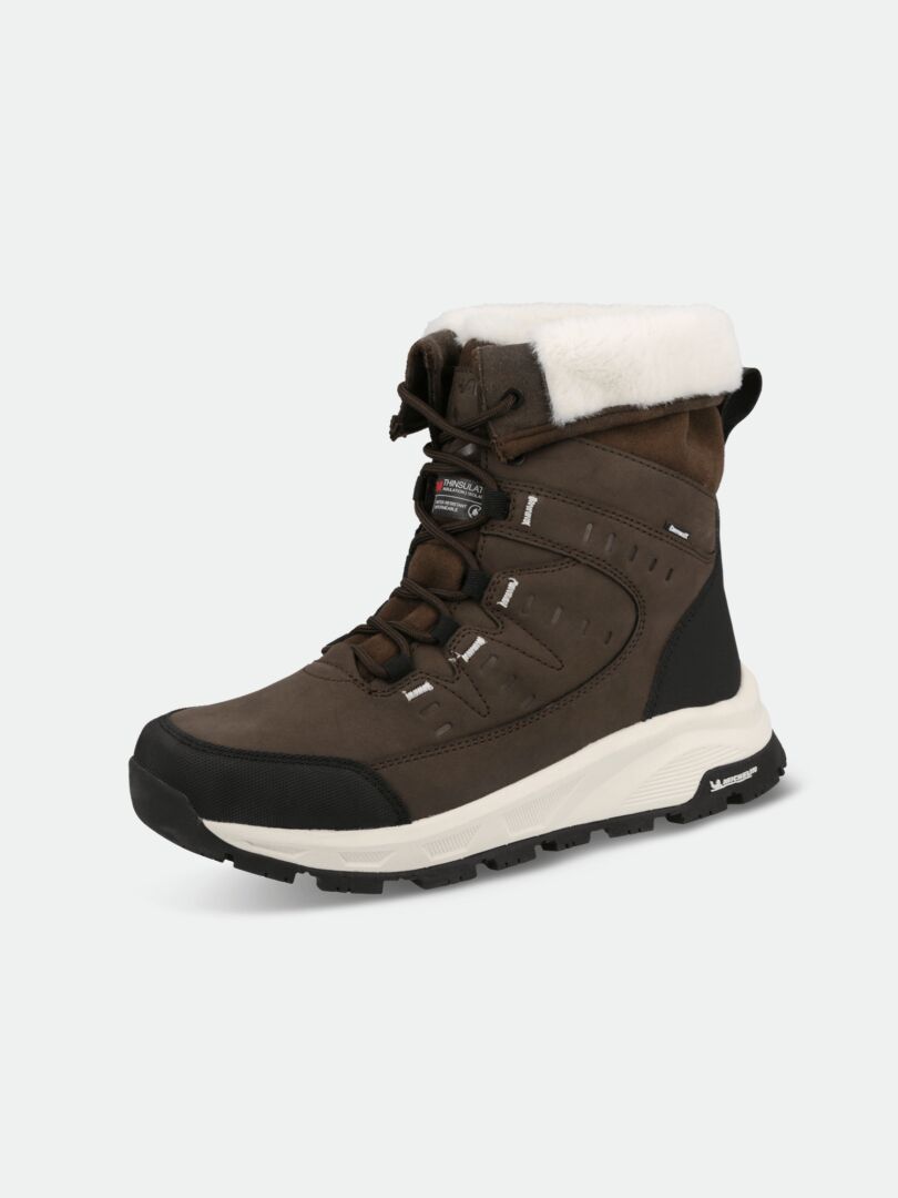 Halti Fjalla 2 DX Ice Control Women's boot: brown with white faux fur collar, black sole, lace-up, and Thinsulate insulation.