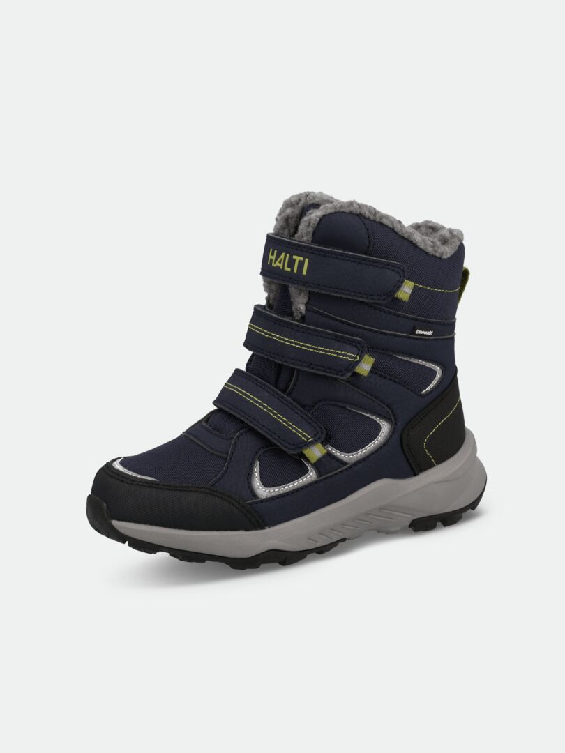Halti Reiss 3 DX Kids’ winter boot: navy blue, 3 Velcro straps, black toe/heel, grey sole, faux fur lining.