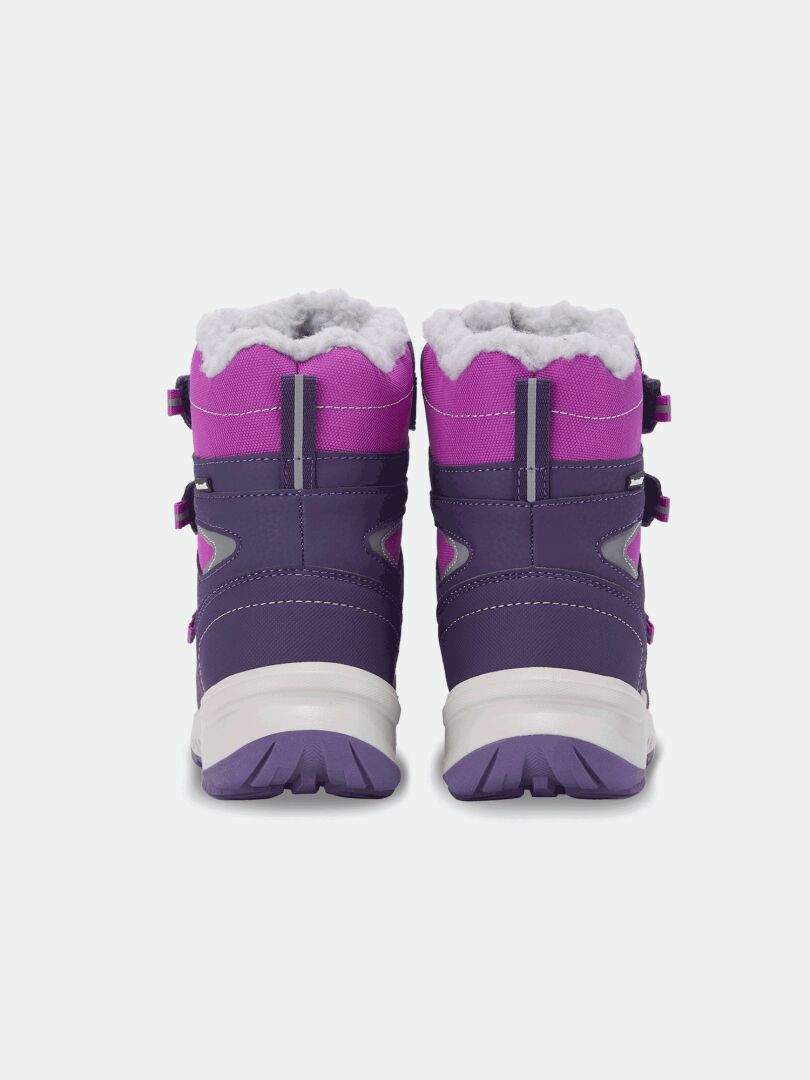 Halti Reiss 3 DX kids’ winter boots, purple/pink with gray soles and faux fur lining, shown from the back.