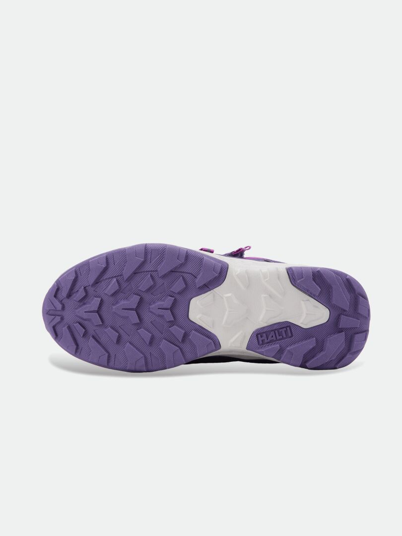 Bottom view of Halti Reiss 3 DX children’s snow boot in purple/white with textured sole and Halti embossing.