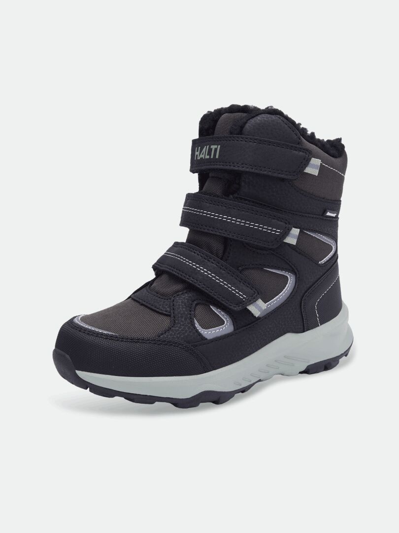 Halti Reiss 3 DX Children’s winter boot in black with triple Velcro straps, thick sole, and Halti logo on top strap.