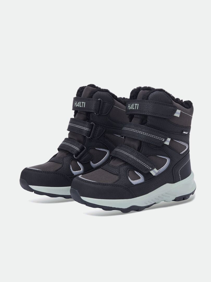 Halti Reiss 3 DX kids’ black/gray winter boots with velcro and rugged soles for warmth and waterproof comfort.