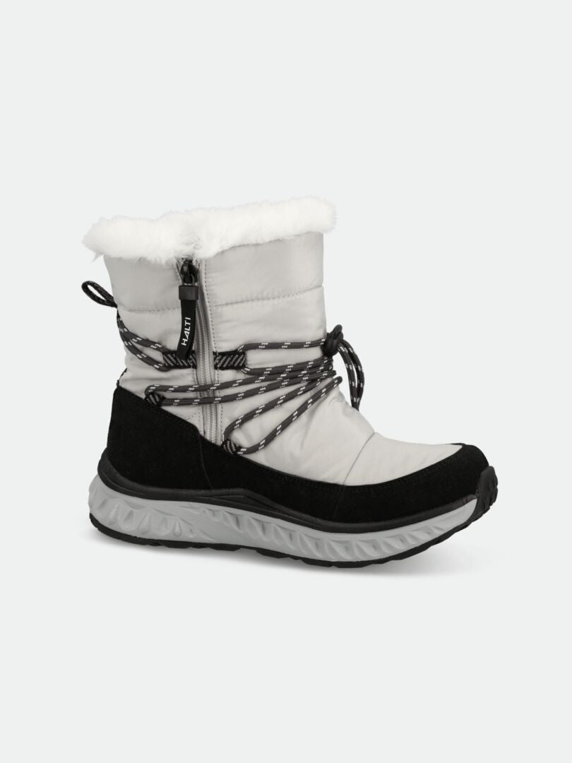 Halti Skene DX women's winter boot in light gray and black with faux fur trim, patterned laces, and rubber sole.