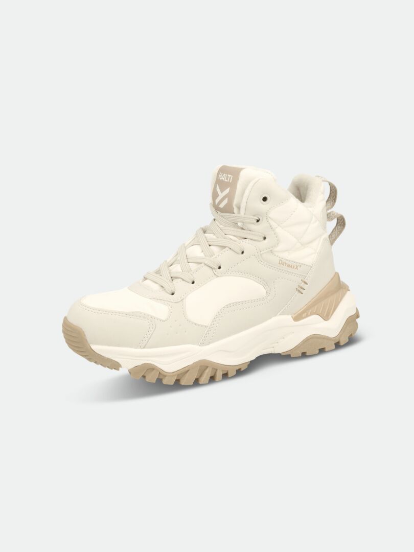 The Halti Penger DX Mid Outdoor Shoe Womens is a beige and white high-top with rugged sole—sustainable for outdoor use.