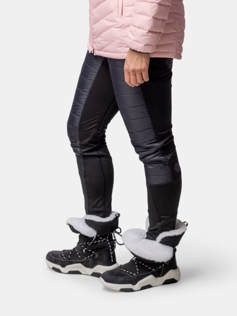 Person wearing a light pink jacket, black quilted pants, and Halti Jeti DX Winterboot Women's with white fur lining.
