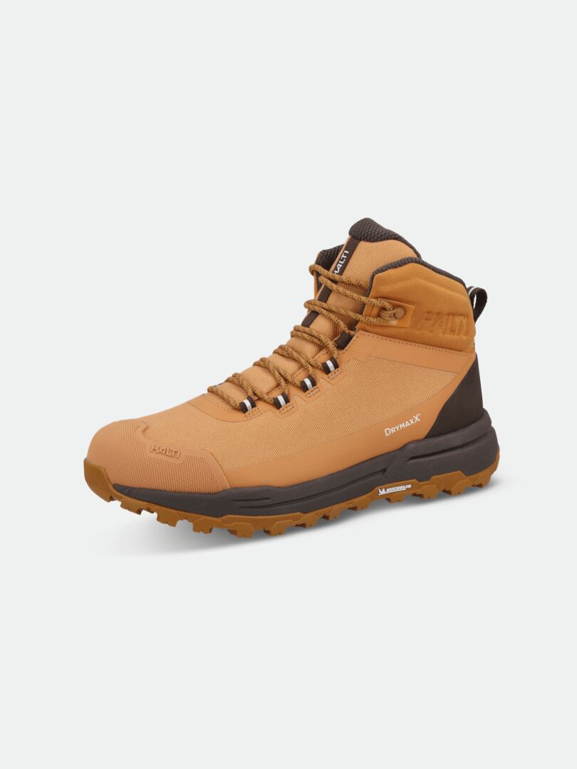 Halti Hiker Kuru 2 DX men's tan waterproof outdoor shoes with ankle support and brown Michelin sole on white background.