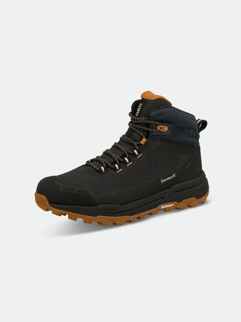 The Halti Hiker Kuru 2 DX Men's features black/brown uppers, orange tread, ankle support, DRYMAX™, and Michelin sole.