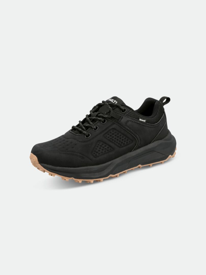 Halti Morgam Low DX Men’s black waterproof walking shoe with textured sole and tan tread, angled left on gray background.