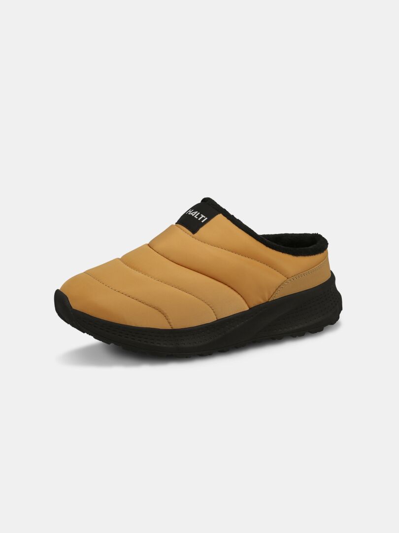 The Halti Rest 2 Slipper is a tan quilted slip-on with black sole and memory foam insole, shown against white.